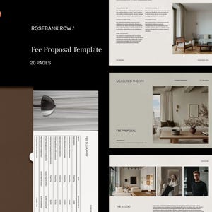 May include: A minimalist fee proposal template with a clean design. The cover displays the text "ROSEBANK ROW / Fee Proposal Template / 20 PAGES." The document includes sections such as "Fee Summary" and "Measured Theory."