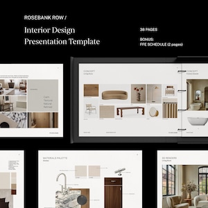 Interior Design Client Presentation Template, Concept Mood Material Board Template for Interior Designers, Canva, Powerpoint, FFE Schedule
