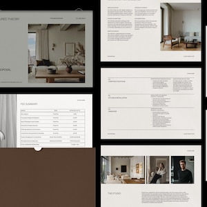 May include: A series of documents, including a fee proposal and project scope, with text and images. The documents are in a neutral colour palette, featuring interior design elements and a studio setting. The text includes headings and bullet points.