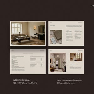 Op de afbeelding: Een sjabloon voor honorariumvoorstellen voor interieurontwerp. Het ontwerp bevat vier afbeeldingen, waaronder een woonkamer en een voorbeeld van materialen. Tekst bevat "INTERIOR DESIGN / FEE PROPOSAL TEMPLATE" en "Canva | Adobe InDesign | PowerPoint". De sjabloon is 20 pagina's, US Letter en A4.