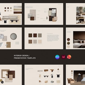 Peut inclure: Un modèle de présentation de design d'intérieur, comprenant des mood boards, des palettes de couleurs et des sélections de meubles. La conception comprend des images de salons, de chambres et de salles de bains. Le texte indique "INTERIOR DESIGN / PRESENTATION TEMPLATE".