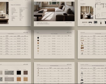 Interior Design Furniture, Fixtures and Finishes Schedule Template, Canva Template, FF&E Schedule Template, Adobe InDesign for Designers