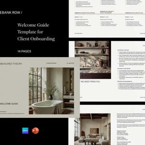 Puede incluir: Una plantilla de guía de bienvenida para la incorporación de clientes, con el texto "ROSEBANK ROW" y "Welcome Guide Template for Client Onboarding". La guía tiene 14 páginas e incluye una foto de un baño con una bañera.