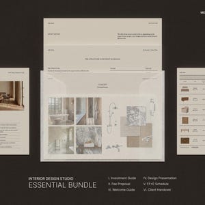 May include: An interior design studio's essential bundle, featuring documents with text and images. The bundle includes an investment guide, fee proposal, welcome guide, design presentation, FF+E schedule, and client handover. The documents are arranged on a dark background.