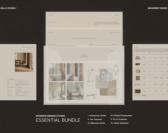 May include: An interior design studio's essential bundle, featuring documents with text and images. The bundle includes an investment guide, fee proposal, welcome guide, design presentation, FF+E schedule, and client handover. The documents are arranged on a dark background.
