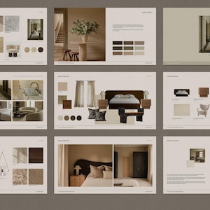 May include: Interior design mood boards showcasing room concepts with colour palettes, furniture, and decor. The boards feature bedrooms, living spaces, and architectural details. The designs use neutral tones and natural materials, creating a cohesive aesthetic.