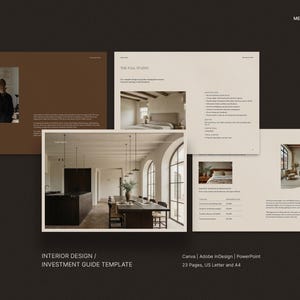 May include: A template for interior design investment guides. The design features a neutral color palette with images of interior spaces. Text includes "GALLO STUDIO", "MEASURED THEORY", and "THE FULL STUDIO". The template is compatible with Canva, Adobe InDesign, and PowerPoint.