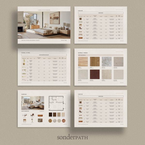 Interior Design Furniture, Finishes, Fixtures Schedule Template for Interior Designers, Canva, Adobe InDesign Template, Includes Mood Board