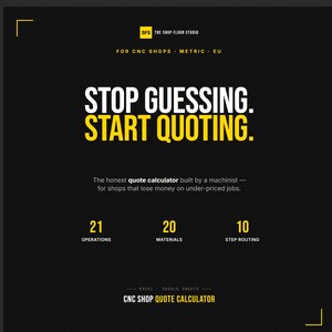 May include: Black graphic with yellow text: "STOP GUESSING. START QUOTING." The image promotes a CNC shop quote calculator, listing 21 operations, 20 materials, and 10 step routing.
