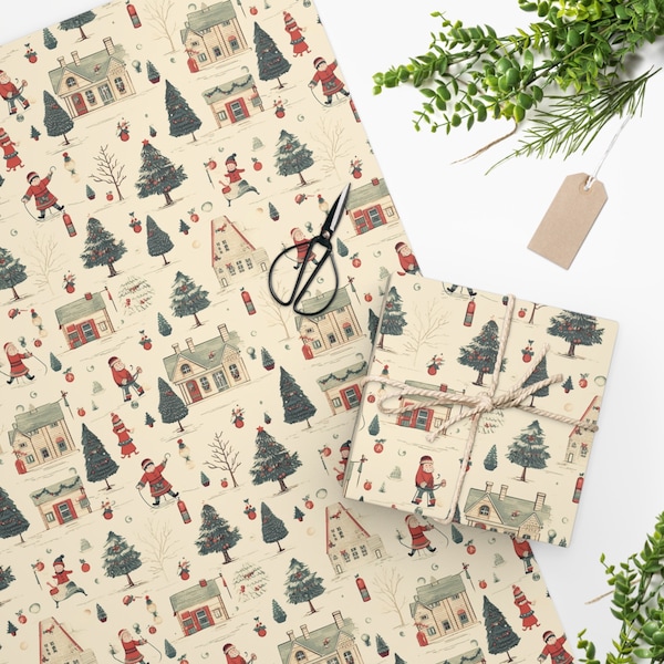 Pink Christmas Village wrapping paper - French inspired - Christmas village gif wrap - traditional  holiday paper - boys and girls paper