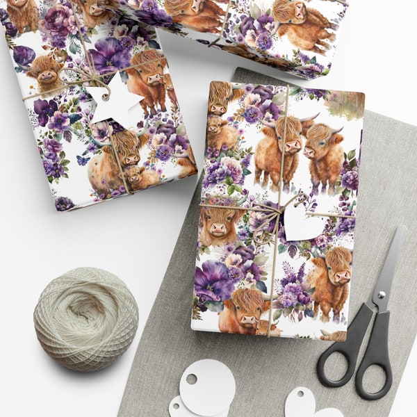 Highland Cow Wrapping Paper - Floral Highland Cow giftwrap - Satin finish - matte finish - purple florals - cows - farm animal paper - gift