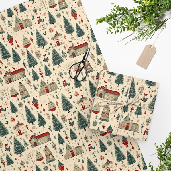 Traditional Christmas Wrapping Paper - classic Spode - Christmas village - beige Christmas - holiday giftwrap - Christmas tree giftwrap