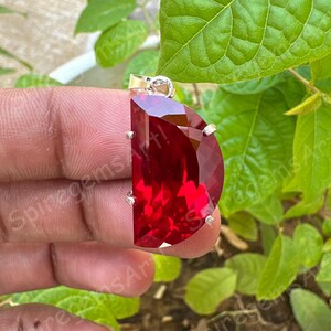 May include: A half-moon shaped, faceted, deep red gemstone pendant. The pendant is set in a silver-colored metal with a small loop at the top for a chain. The background features green leaves.
