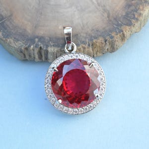 Natural Red Ruby Halo Pendant 66 CT Round Cut 925 Sterling Silver Gemstone Necklace Pendant Gemstone Jewelry for Special Occasion