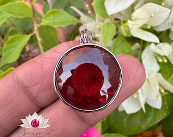 Natural Certified Red Ruby Pendant, 24.45 Ct Round Cut Gemstone in Sterling Silver, Handmade Jewelry Gift for Her.