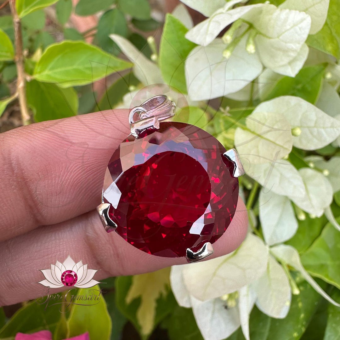Natural 51.10 CT Red Ruby Round Cut Gemstone Silver Pendant Certified ...