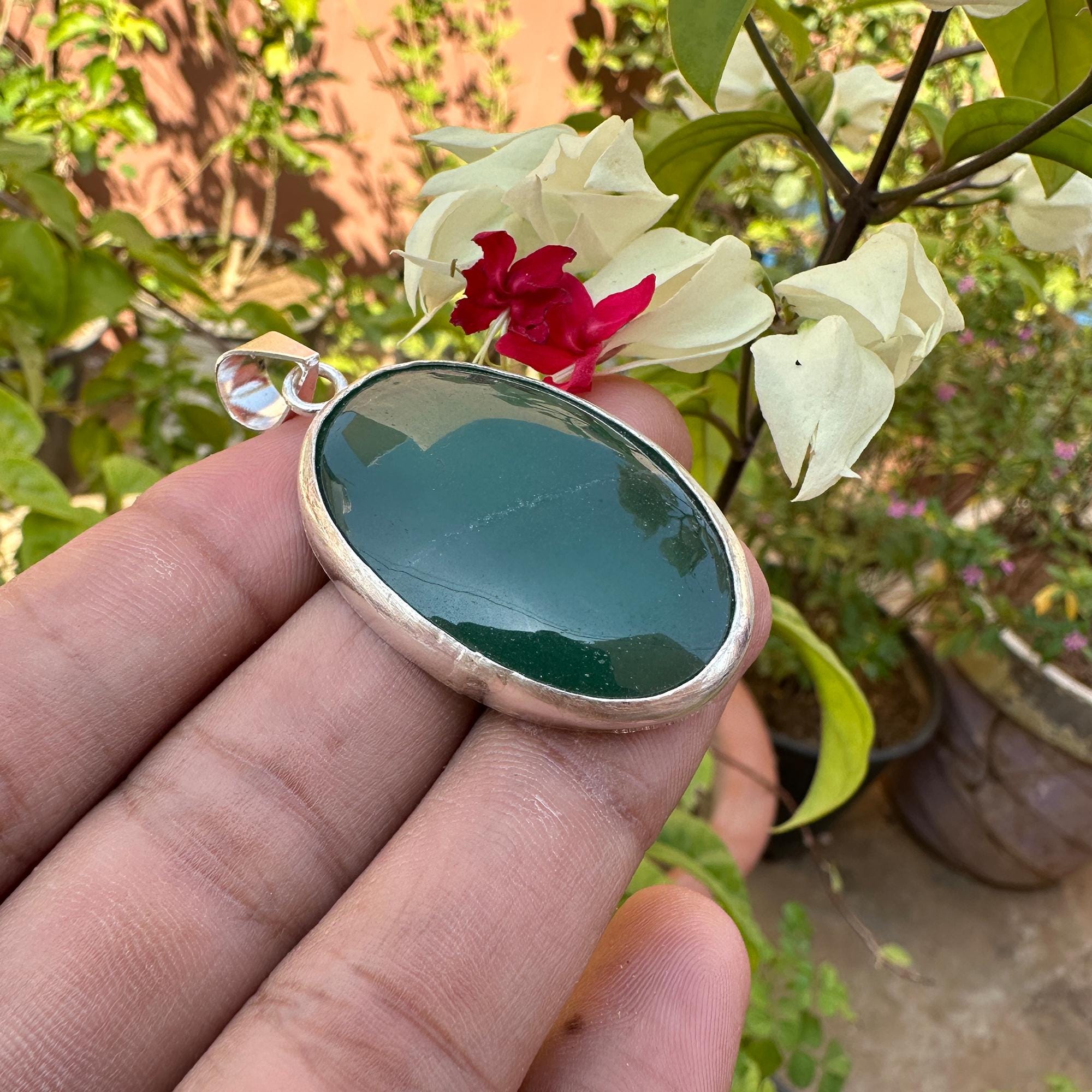 Green Jade Gemstone 73 CT Oval Pendant in 925 Sterling Silver