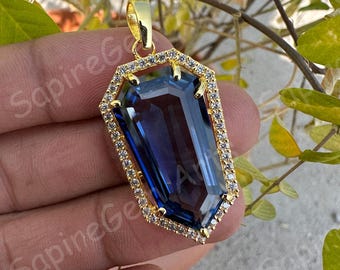 Certified 53 Ct Natural Blue Sapphire Fancy Pendant – Gold Plated 925 Silver Necklace, Lab Diamond Statement Jewelry, Gift for Her