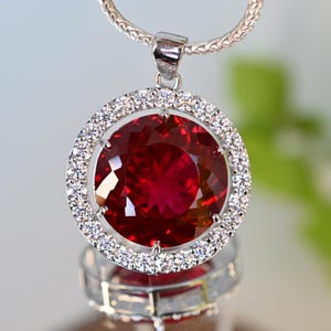 Natural Red Ruby Halo Pendant 63 CT Round Cut 925 Sterling Silver Gemstone Necklace Pendant Gemstone Jewelry for Special Occasion