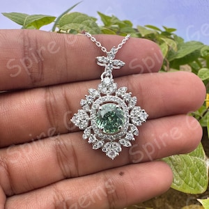 32 kt natuurlijke groene toermalijnhanger, bloemen halo edelsteenketting in 925 sterlingzilver met lab-diamanten zijstenen, cadeau voor haar