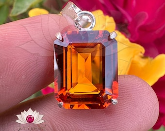 Natural Orange Sapphire Gemstone 925 Sterling Silver Pendant 20.45 CT Emerald Shape Handmade Jewellery Pendent Gift Women Special Occasion