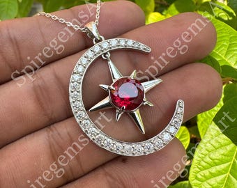 36 Ct Natural Red Ruby Crescent Moon & Star Pendant 925 Silver 36 Ct Natural Red Ruby Crescent Moon & Star Pendant 925 Silver