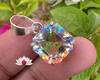 Natural Mystic Topaz Gemstone 925 Sterling Silver Pendant 14.85 CT Asscher Shape Handmade Jewellery Pendent Special Occasion Gift for Her