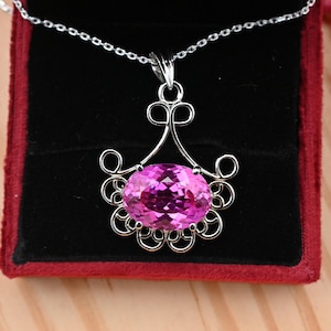 44.50 Ct Natural Pink Sapphire Pendant, Oval Cut Gemstone Necklace in 925 Sterling Silver, Handmade Fancy Design Jewelry Gift for Her
