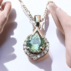 13 Ct Natural Green Tourmaline Pear Pendant 925 Silver Necklace Lab Grown Diamond Side Stones Gift for Her Statement Jewelry