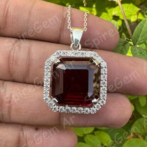 43 CT Natural Dark Red Ruby 925 Sterling Silver Halo Pendant 925 Silver Necklace Lab Grown Diamond Side Stones Gift Her Statement Jewelry