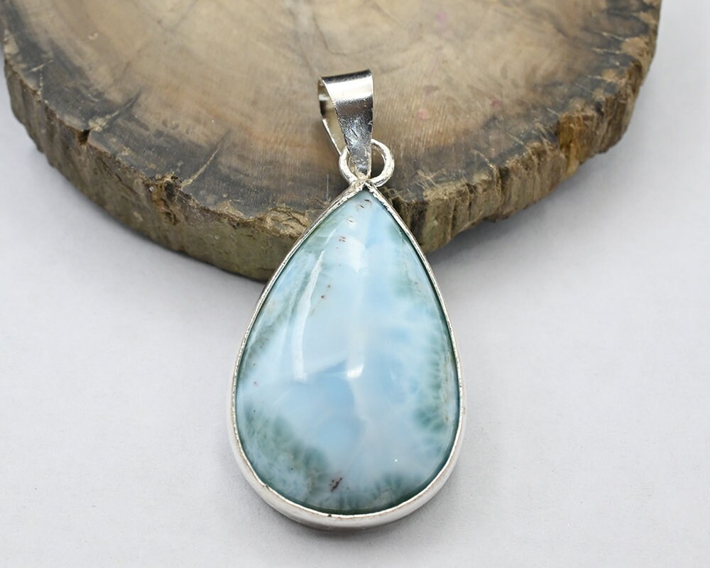 Ciondolo In Larimar Fatto A Mano, Argento Sterling 925, Pietra Preziosa Rotonda - Foto 5
