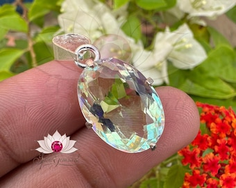 Natuurlijke mystieke topaas edelsteen 925 sterlingzilveren hanger 19,15 CT ronde vorm handgemaakte sieraden hangend speciale gelegenheden cadeau voor haar