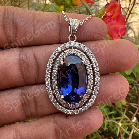 50 Ct Natural Blue Sapphire Oval Double Halo Pendant 925 Silver
