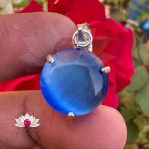 Natural Blue Cat&#39;s Eye Gemstone 925 Sterling Silver Pendant 16 CT Round Shape Handmade Jewellery Pendent Special Occasion Gift for Her