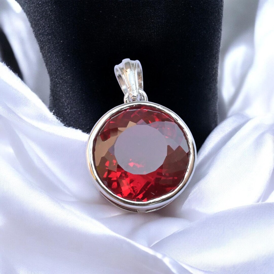 Natural 26.20 CT Red Ruby Round Cut Gemstone Silver Pendant Certified ...