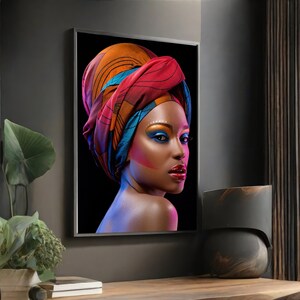 Colorful African Woman with Vibrant Headpiece Canvas Painting - Unique Wall Art for Home Decor, Perfect Gift Idea