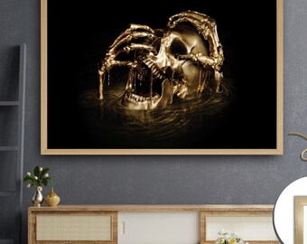 Golden Skull Wall Art Print on Canvas, Skull in golden waves Painting, Adventure Art,  Printing from Oil Painting, Visual Masterpiece
