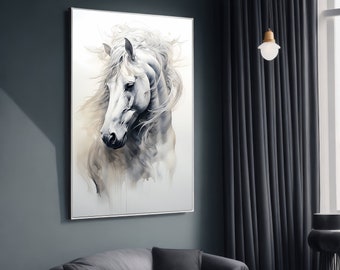 Serene White Horse Canvas Painting - Elegant Wall Art Gift for Horse Lovers