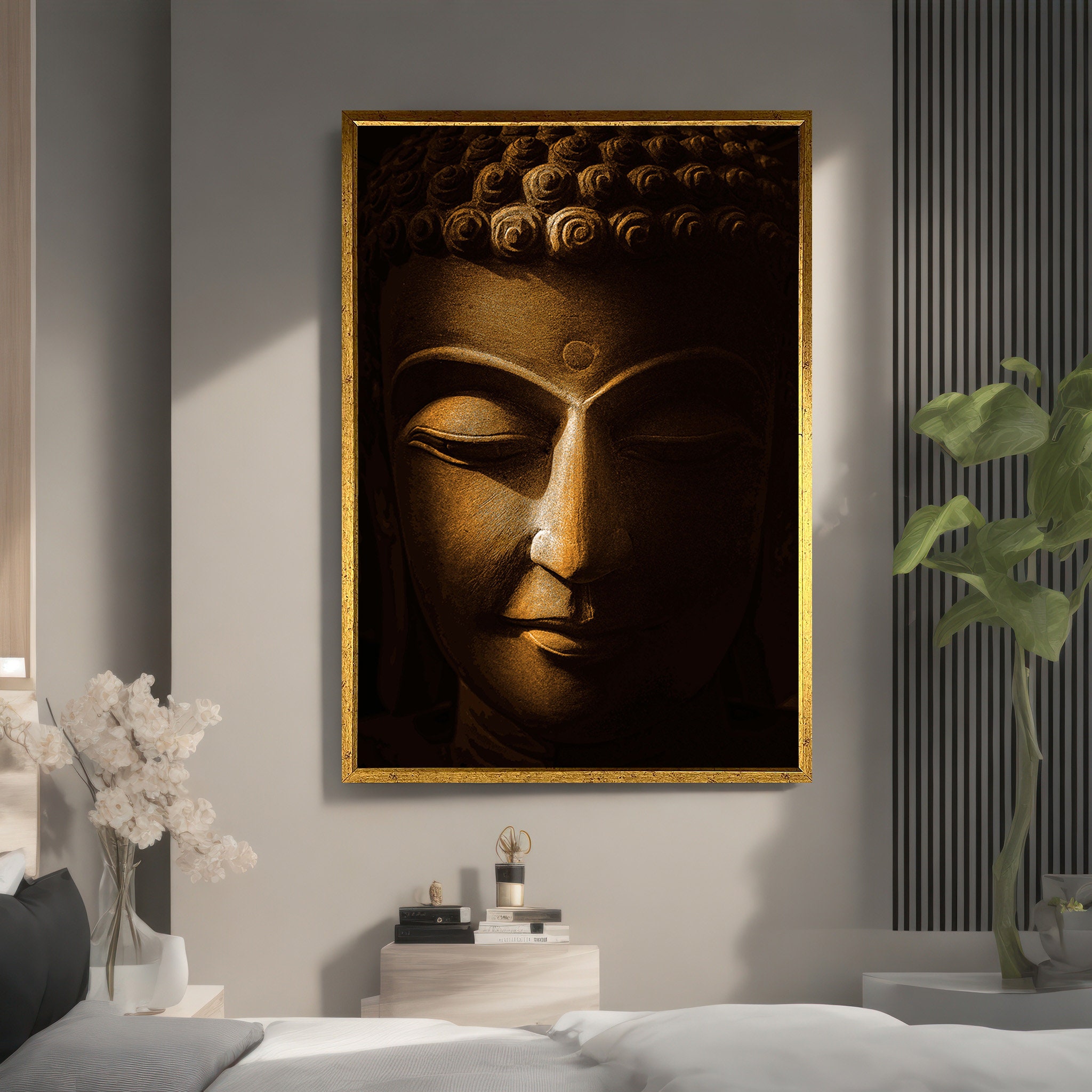 Serene Buddha Face Wall Art - Ethnic Home Decor, Golden Buddha Canvas ...