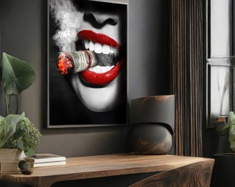 Rote Lippen mit brennendem Geld - Modernes Leinwandbild für ausgefallene Wanddekoration, perfektes künstlerisches Geschenk