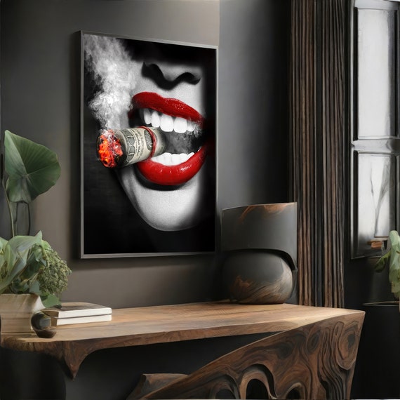 Bold Red Lips with Burning Money - Modern Canvas Painting for Edgy Wall Decor, Perfect Artistic Gift
