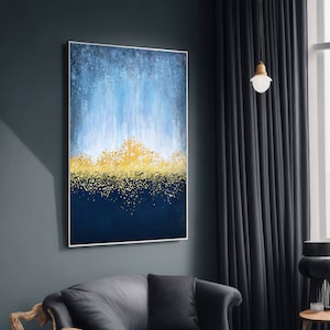 Modern Abstract Gold and Blue Canvas Painting - Unique Art Gift for Home Decor - Contemporary Wall Art