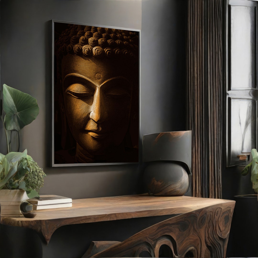 Serene Buddha Face Wall Art - Ethnic Home Decor, Golden Buddha Canvas ...