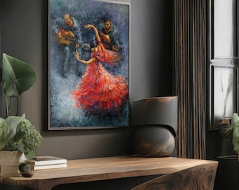 Flamenco Tänzerin im roten Kleid Leinwand Gemälde - Lebendige Tanz Kunst für Moderne Wohnkultur - Perfektes Geschenk für Tanzbegeisterte