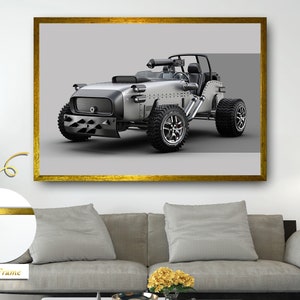 Op de afbeelding: Een zilveren en zwarte terreinwagen met een gouden frame. Het voertuig heeft een grote grille aan de voorkant en een rolkooi. Het voertuig staat op een grijze achtergrond.