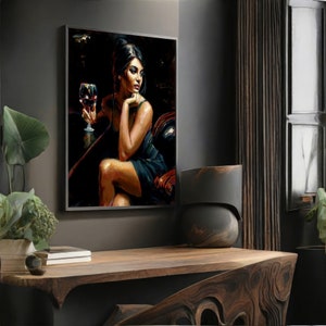 Elegant Woman with Wine Glass - Modern Canvas Painting for Sophisticated Wall Decor, Perfect Artistic Gift