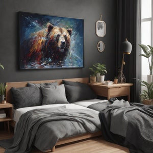Dynamic Grizzly Bear Canvas Painting - Captivating Wall Art Gift for Wildlife Enthusiasts
