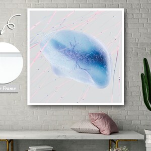 May include: Abstract art print featuring a blue and white organic shape with a network of lines, set against a light gray background with pink lines.