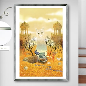 Transparent Cat in Autumn Forest,Autumn Art,Forest Cat Painting,Contemporary Fall Artwork