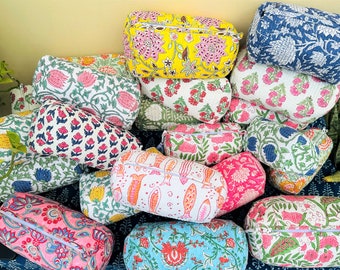 Quilted makeup bags in bulk lots - Block print bags - Quilted cosmetic pouches - Block print Toiletry bag colorful - Bulk gifts women